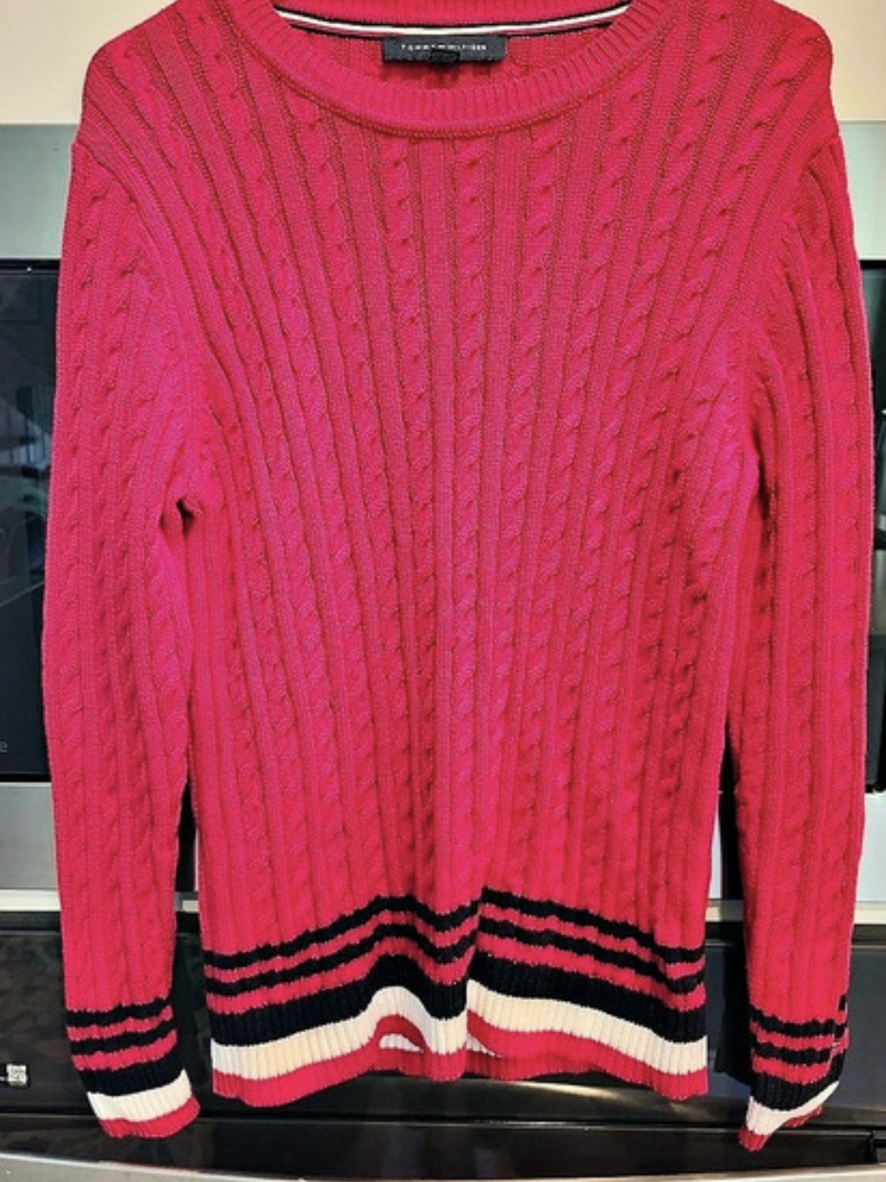 Tommy Hilfiger Striped Knit Sweater in Pink & Black Size Large